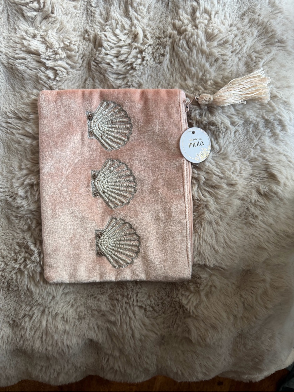 NWT Embroidered Shell Velvet Pouch - Blush Pink beaded bag